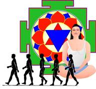 Woman sitting in meditation, walking figures in foreground, colorful madala in back.