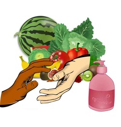 Natural skin care for hands, lotion, fruits and vegetables.