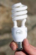 A person holding up an energy efficient CFL lightbulb.