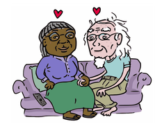 Elderly woman and man holding hands on the couch, in love.