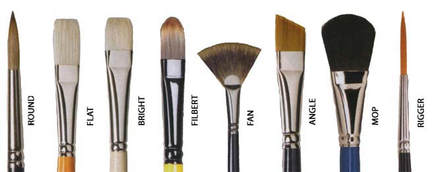 Types of brushes: round, flat, bright, filbert, fan